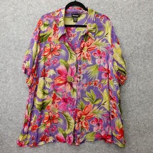 Vintage Blouse Women 4X Purple Red Floral Beaded Hawaiian Oversized Tunic AVENUE